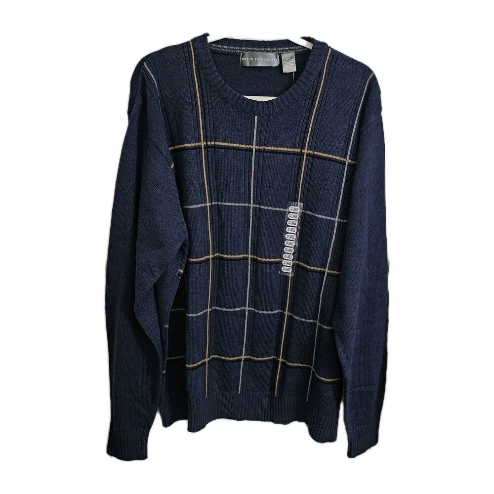 Oscar Del La Renta Sweater Mens XXL Blue Plaid Academia Luxury Pullover NWT